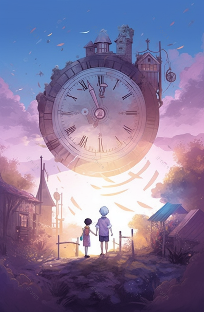 两小孩发现空中悬空大钟手绘场景,插画/手绘图,插画/手绘图库,插画/手绘图下载,插画/手绘